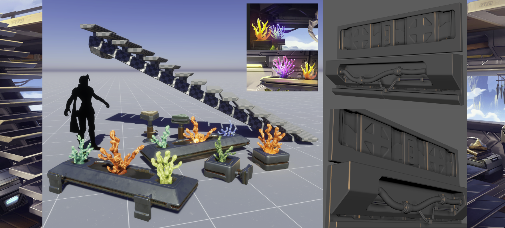 3D models for some of some cave plants, as well as greybox blockouts of stairs and some wall panels/piping.